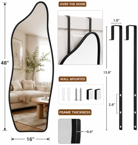 Full Length Door Mirror, 48"x16" Wall Mounted Mirror, Black - Image 2