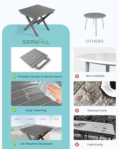 SERWALL Small Folding Side Table, HDPE Outdoor End Table, Gray - Image 7