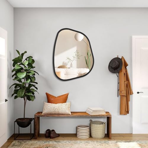 Black Asymmetrical Wall Mirror Large 20"x16" Irregular Oval Mirror Modern Wood Frame Unique Shape Wall Mounted Vanity Artistic Mirrors Decorative for Living Room Bedroom Bathroom Hallway - Image 5