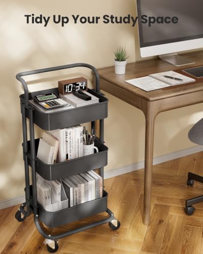 Pipishell Metal 3 Tier Rolling Cart with Handle & 2 Lockable Wheels, Gray - Image 6