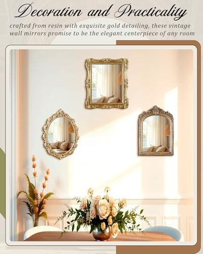 Wonderjune 3 Pcs Vintage Gold Mirror Set Wall Decorative, 8-15in Vintage Wall Mirror Hanging Antique Hanging with Stand for Living Room Home Wedding Decor(Retro Mixed Style, 12in/10in/8in) - Image 6