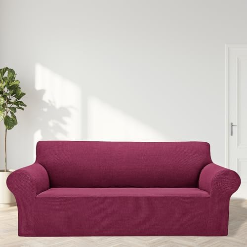 Cupuamon 2026 New Stretch Sofa Slipcovers Couch Cover for 3 Cushion Furniture Protector Sofa Covers with Elastic Bottom Jacquard Fabric Small Checks for Pets, Kids -Sofa, Wine - Image 3