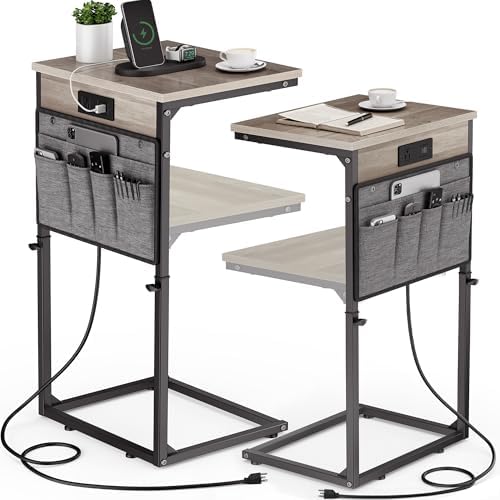Vagusicc C-Shaped End Table Set of 2 with Charging Station, Small Side Table for Couch, Adjustable Height Couch Side Table, Slide Under Sofa Table TV Tray Tables for Living Room, Bedroom,Bedside, Gray by Vagusicc