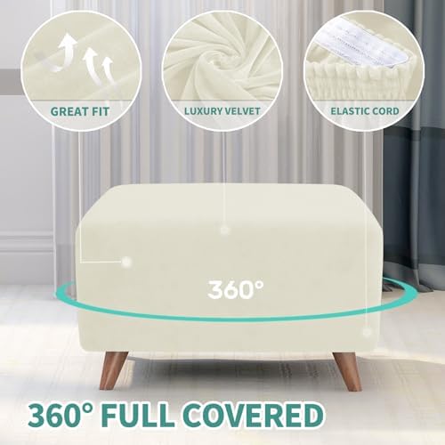 MAXIJIN Velvet Ottoman Cover Rectangular Stretch Square Ottoman Covers Slipcover Rectangle Washable Foot Stool Cover Thick Storage Protector with Elastic Bottom (Ottoman Medium, Beige) - Image 4