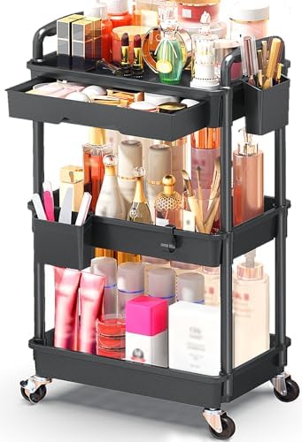 SUNALLY Makeup Cart Organizer with Drawer,3 Tier Rolling Makeup Cart, Black by SUNALLY