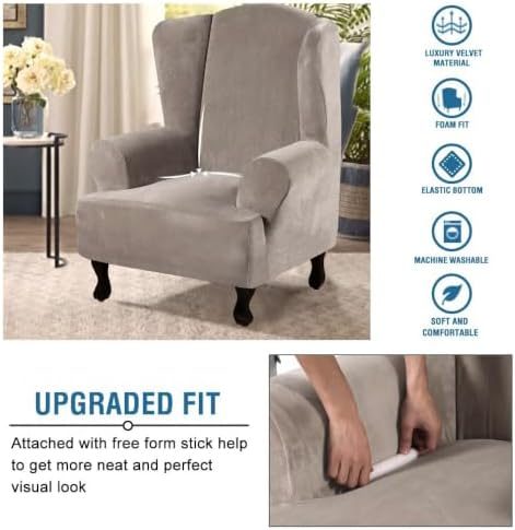 H.VERSAILTEX Wingback Chair Covers Velvet Plush Wing Chair Slipcover 1 Piece High Stretch Wing Back Chair Slipcovers Sofa Cover Furniture Cover with Elastic Bottom, Taupe - Image 4