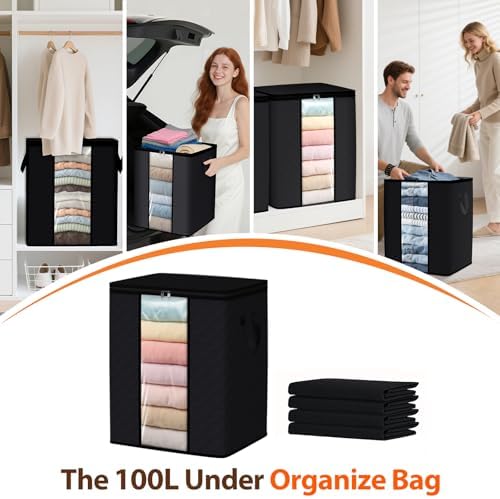 SpaceWhisper 4 Pack 100L Clothes Storage, Foldable Storage Bags, Black - Image 6