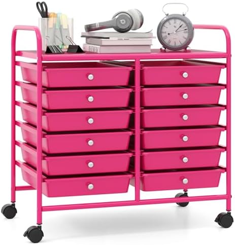 Giantex 12 Drawers Rolling Cart, Mobile Storage Drawer Cart, Classroom Organizer Cart for Office School Supplies Tools Scrapbook Paper Craft Small Printer, Utility Cart on Wheels, Hot Pink by Giantex