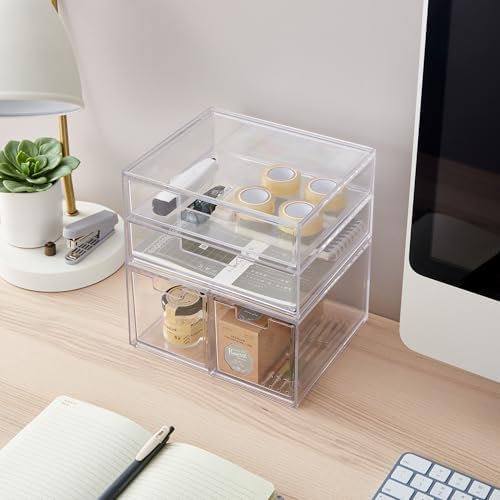 STORi Stackable Desk Organizer Drawers, Clear Pen Pencil Makeup Brush Holder for Desktops and Vanities, 4 Multi-size Drawers (Made in USA) - Image 4