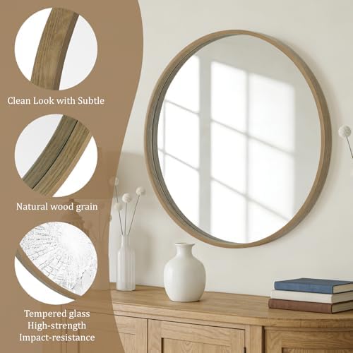 WallBeyond Round Wood Mirror, 32" Round Modern Decoration Large Circle Wall Mirror for Bathroom Living Room Bedroom Entryway, Honey - Image 5