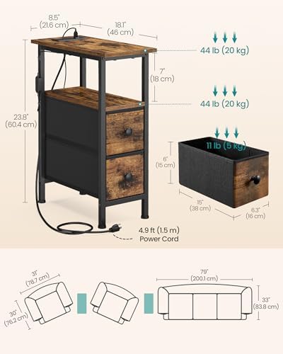 SONGMICS Side Table with LED Light, Narrow End Table with 2 Fabric Drawers - Image 2