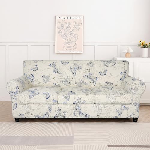SearchI Stretch Sofa Cover Printed Couch Cover, Floral Pattern 4 Pieces Sofa Slipcover with 3 Separate Cushion Cover, Washable Furniture Protector for Living Room(Sofa, Butterfly Pattern) - Image 5