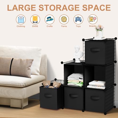 Leinuosen 6 Cube Storage Organizer with 6 Foldable Fabric Storage Bins, Metal Wire Grid Shelves, Stackable Modular Closet Organizer for Bedroom Living Room Office Toys Books(Black,Black) - Image 6