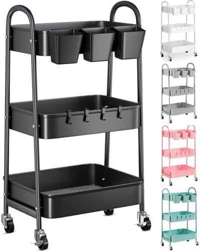 3 Tier Metal Rolling Cart with Lockable Wheels,Black Three Tiered Art Carts by Recximi