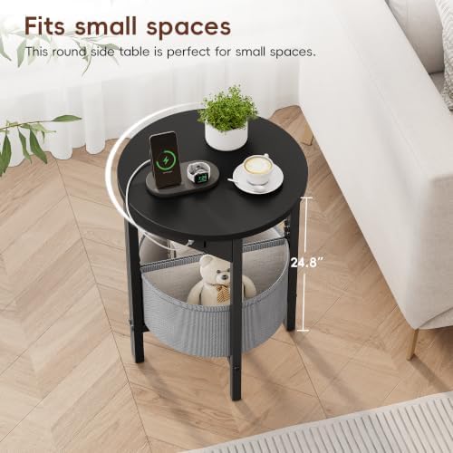 VAGUSICC Round Side Table with Charging Station, Small Round Accent End Table with Fabric Basket, Set of 2 Half Moon Tables Coffee Table, Bedside Table, Modern Nightstand for Living Room Bedroom,Black - Image 4
