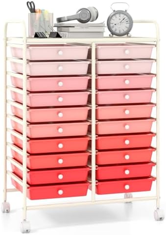 Giantex 20 Drawers Rolling Cart, Mobile Storage Drawer Cart, Classroom Organizer Cart for Office School Supplies Teacher Tools Paper Craft Small Printer, Utility Cart on Wheels, Gradient Pink by Giantex