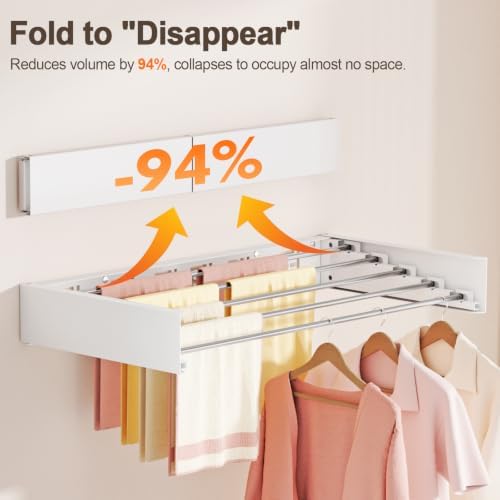 Wall Mounted Clothes Drying Rack Folding Indoor, Foldable Laundry Drying Rack Collapsible,Invisible, Space Saving, Retractable Towel Drying Rack, with Wall Template(5 Drying Rods, White 32") - Image 5