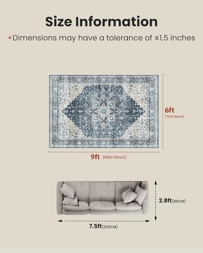 AMADA HOMEFURNISHING 6x9 Area Rugs, Blue Low-Profile Washable Rug with Non-Slip Backing & Durable Edge Binding, Vintage Rugs for Living Room, Bedroom, Dinning Room - Image 2