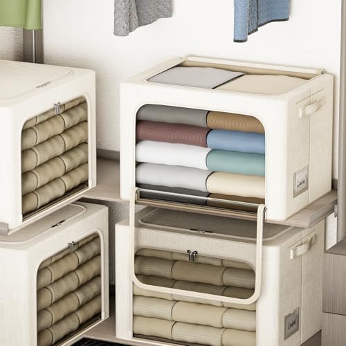 4 Pack Clothes Storage Bins with Metal Frame - 100L Stackable Storage Box with Lid，Foldable Storage Container Organizer for Clothes，Linen Fabric Storage Box with Clear Window＆Zippers＆Handles - Image 6