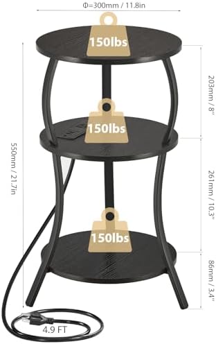 YEAKOO Small Side Table with Charging Station,3-Tier Round end Table - Image 3
