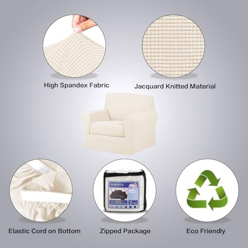 H.VERSAILTEX 2 Piece Couch Cover Stretch Stylish Chair Cover Furniture Protector Featuring Jacquard Textured Twill Fabric High Spandex Slipcover (Chair, Cream) - Image 4