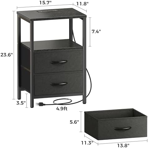 Huuger Nightstand with Charging Station, Side Table with Fabric Drawers - Image 3