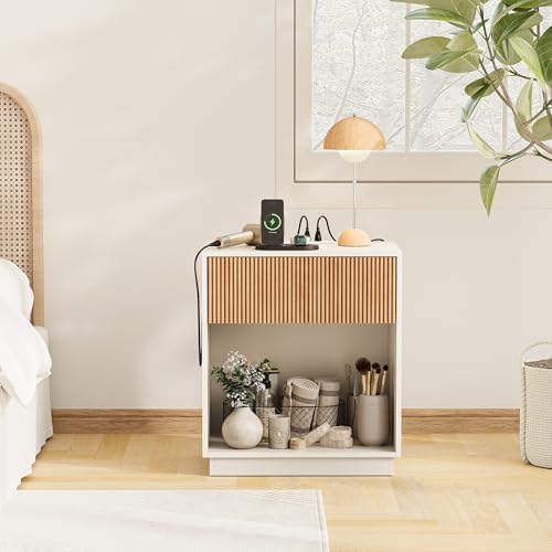 End Table with Charging Station, Fluted Nightstands Set of 2,Modern Bedside Table with Drawer and Storage Shelf, Wood End Table Mid Century Night Stands for Bedroom Living Room(White+Oak) - Image 7
