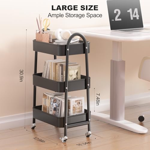 EAGMAK 3 Tier Rolling Cart, Large Metal Storage Cart with Handle and Lockable Wheels, Big Multifunctional Storage Organizer Trolley with Mesh Baskets for Kitchen, Living Room, Office, Garage (Black) - Image 2