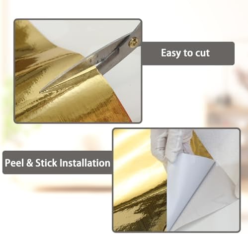 QDYMXUN Brushed Gold Peel and Stick Wallpaper Border, PVC Self Adhesive Removable Contact Paper, Waterproof Mirror Frame Sticker for Bathroom, Kitchen and DIY Decor (394''L x 7.88''W) - Image 4