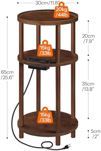 HOOBRO Small Round Side Table with Charging Station, 3-Tier Round Bamboo End Table, Compact Sofa Bedside Table for Small Space, Easy Assembly, for Living Room, Bedroom, Apartment, Mocha MA152UBZ01 - Image 3