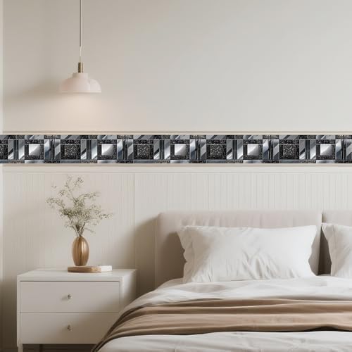 IVN Wallpaper Border Peel and Stick Wall Black and Silver Mosaic 4x196 Inch - Image 2