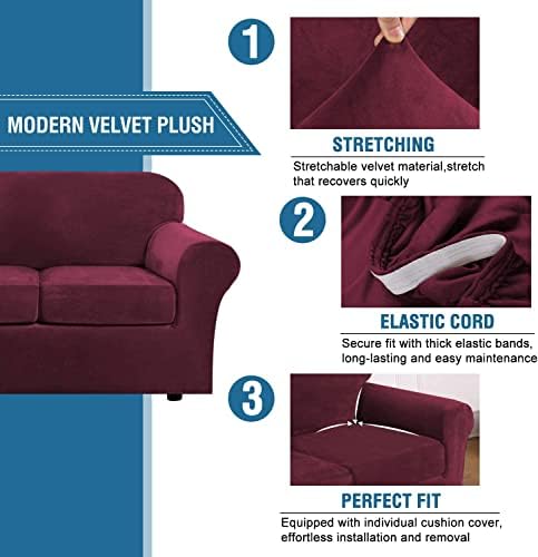 H.VERSAILTEX Real Velvet Plush 3 Piece Stretch Sofa Covers Couch Covers for 2 Cushion Couch Loveseat Covers Width Up to 72 Inch Feature Thick Soft Stay in Place (Medium Sofa, Burgundy) - Image 3