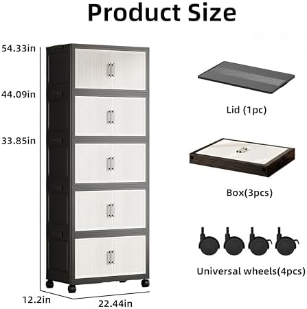 5 Tier Foldable Storage Cabinet with Top Lid, Tall Mobile PP Storage Organizer with Magnetic Doors and Wheels, Space-Saving Collapsible Organizer for Bedroom Living Room Kitchen Pantry Bathroom - Image 2