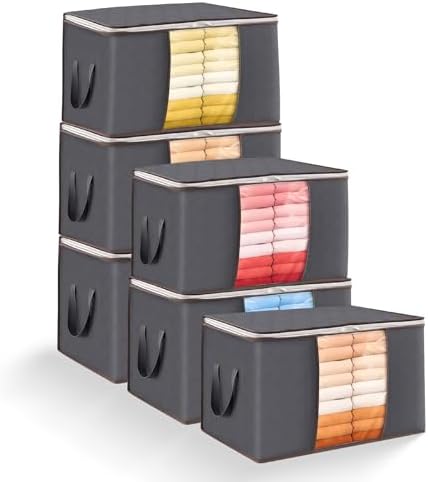 90L Large Foldable Storage Bags with Lids, 6 Pack - Closet Qrganizers and Storage Containers for Clothes, Blankets, Bedding | Reinforced Handles, Home Storage Bins, Gray by Unknown