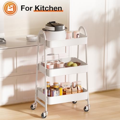 NEWBULIG 3-Tier Metal Rolling Cart with Lockable Wheels, Heavy Duty Mobile Utility Storage Shelf, Roller Book Snack Cart, Organization for Livingroom, Bathroom, Office, White - Image 6