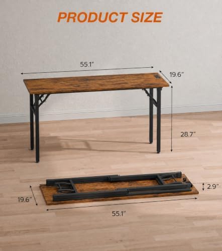 XBurmo Small Folding Desk Folding Table, No Assembly Foldable Desk Gaming Desk, 55.1-Inch Computer Table Workstation with 2 AC Outlets and 2 USB Ports for Bedroom and Home Office, Rustic Brown - Image 2