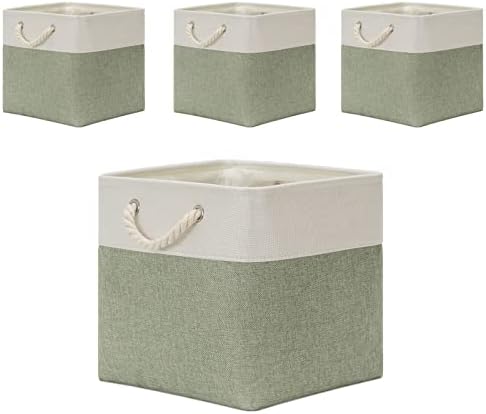Temary Cube Storage Bins 13x13 Storage Cubes Basket for Gifts Empty, 4 Pack Large Storage Basket with Handles, Decorative Storage Baskets for Home (White&Green) by TEMARY