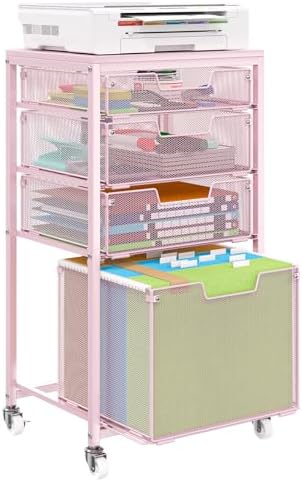 Sbanmao 4 Drawer Rolling File Cart Under Desk Storage, File Cabinets for Home Office, Mobile Filing Cabinet, Hanging File Organizer with Wheels, Utility Cart Printer Stand, Pink by shengbaomaoyi