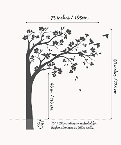 Large Corner Tree Wall Decal with Big Blossoms, Birds and Leaves Nursery Wall Art Sticker Mural 087 (Leaning Right, All Black) - Image 2