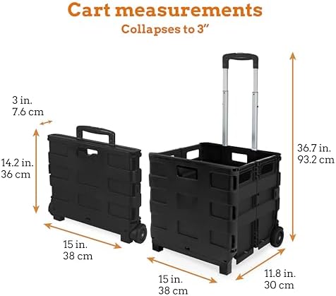 Inspired Living Ultra-Slim Rolling Collapsible Storage Pack-N-Roll Utility-carts, with Telescopic Handle, for Home, Garden, Shopping, Office, School use, Medium, Black - Image 2