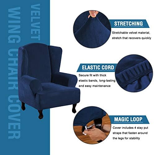 H.VERSAILTEX Wingback Chair Covers Velvet Plush Wing Chair Slipcover 1 Piece High Stretch Wing Back Chair Slipcovers Sofa Cover Furniture Cover with Elastic Bottom, Navy - Image 2