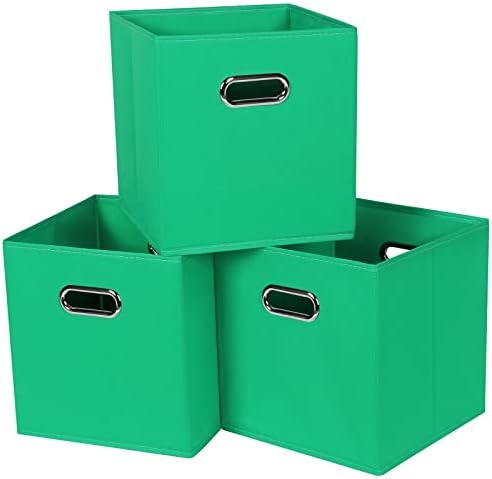 Black Fabric Cubby Storage Bins,13x13x13 Inches,Cube Organizer Bin Foldable Storage Boxes with Dual Handles Fabric Organizer Box and collapsible Storage basket,Set of 3,Green by Yunkeeper