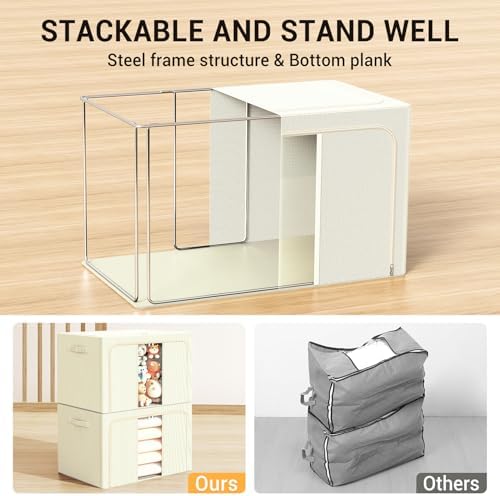 Clothes Storage Bins with Metal Frame, Foldable Clothes Organizers Storage Containers for Clothes, Sheets, Blankets, Pillows and Towels (100L, 3 Pack) Beige - Image 3