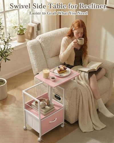 Faesun Swivel Lift Top Nightstand with Charging Station, Rolling Side Table for Recliner, Bedside Table with Wheels & a Fabric Drawer, for Small Spaces, for Bedroom, Living Room, Pink - Image 5