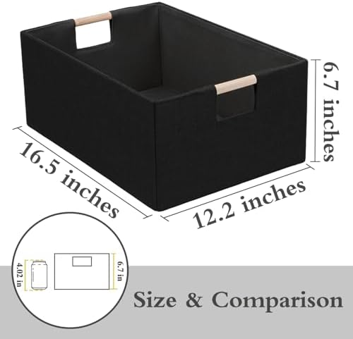 Foldable Fabric Storage Cubes, 2 Packs Cloth Storage Baskets with Wooden Handles, Collapsible Shelf Closet Organizer Bins, Rectangular Storage Boxes for Decor (Black 2 Pack) - Image 2