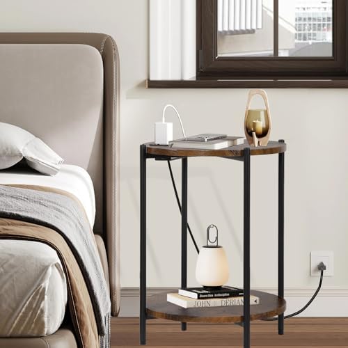 Gawicpy 2 Tier Round Side Table, Folding End Tables Coffee Table Simplistic Sofa Table Waterproof Removable Tray Table Indoor Outdoor Accent Table for Living Room Bedroom (Brown, 1pcs) - Image 2