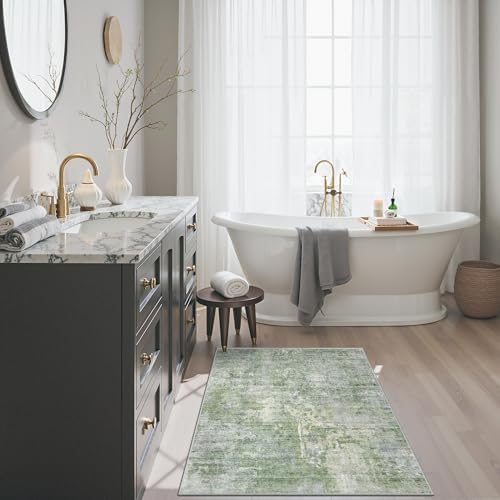 Soalmost 2x3 Abstract Washable Rugs for Kitchen, Small Area Rug Green/Ivory - Image 2