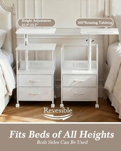 Faesun Swivel Lift Top Nightstand with Charging Station, Rolling Side Table for Recliner, Bedside Table with Wheels & 2 Fabric Drawers, for Small Spaces, for Bedroom, Living Room, White - Image 3