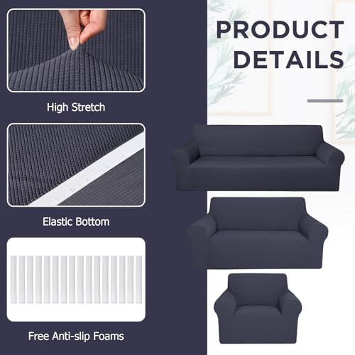 Peryiter 3 Pcs Couch and Loveseat Sofa Covers,Dark Gray,Fleece - Image 4