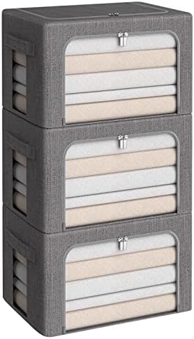 CYhom 3Pack Foldable Storage Bins - Frame Storage Box Linen Fabric Stackable Clothes Container Organizer with Clear Window & Carry Handles Large Capacity (Medium-36L, Dark Gray) by CYhom
